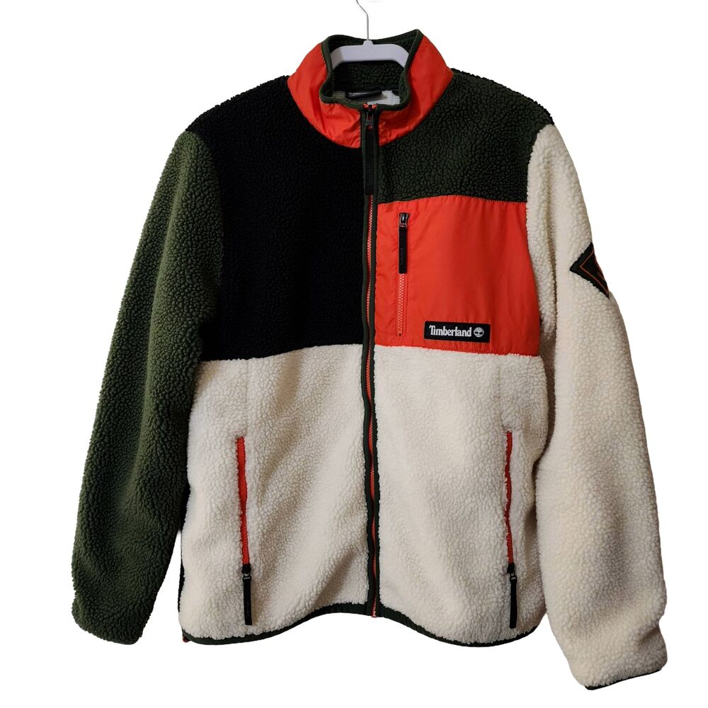 Timberland Sherpa Fleece Jacket Mens L Full Zip Mesh Lined Colorblock Outdoor